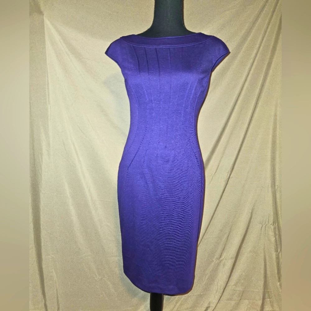 London Times Purple Sheath Dress Cap Sleeve Bateau Neckline